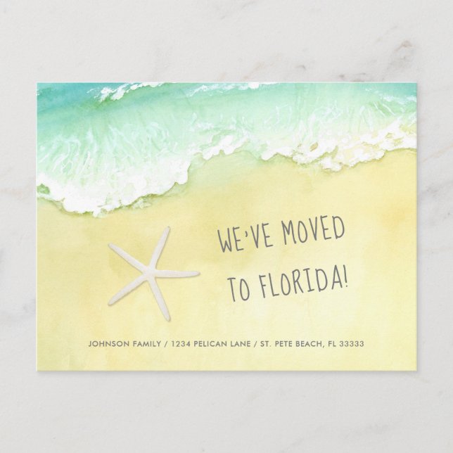 Sandy Beach Ocean Waves We Moved to Florida Announcement Postcard (Front)