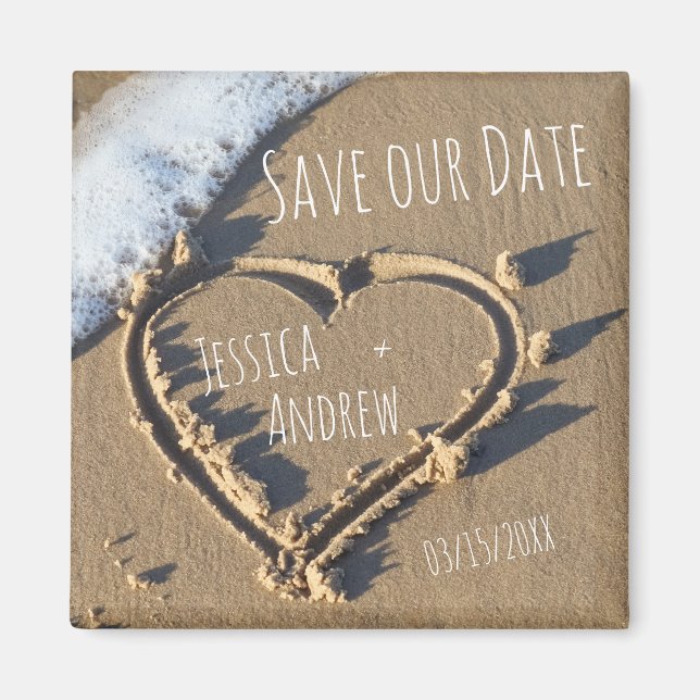Sandy Beach Personalised Names Heart Save our Date Magnet (Front)