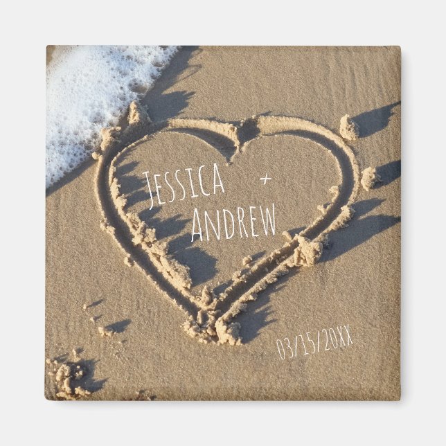 Sandy Beach Personalised Names Heart Save the Date Magnet (Front)