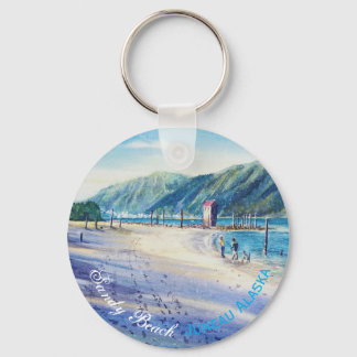 Sandy Beach Scene of Juneau Alaska Watercolor Art  Key Ring