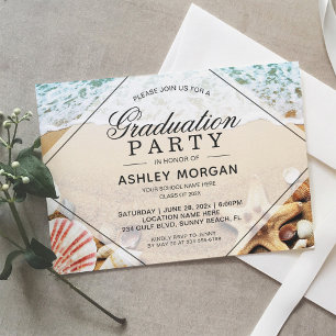 Sandy Beach Starfish Seashell Graduation Party Invitation