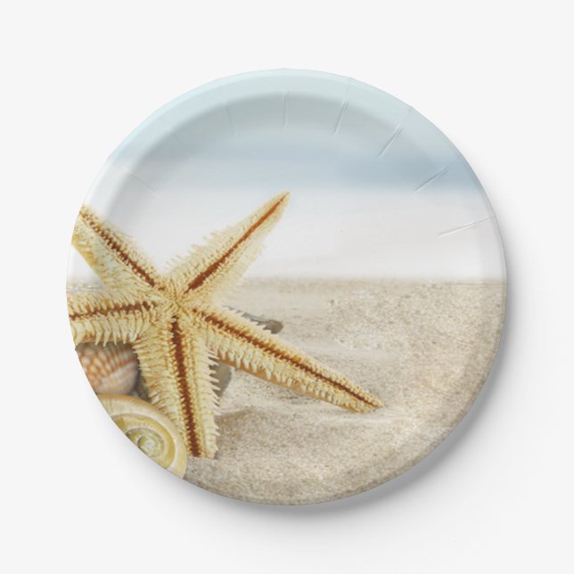 Sandy Beach Starfish Seashells Paper Plate (Front)