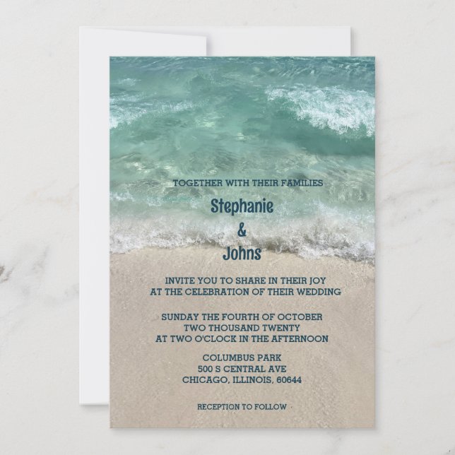 Sandy Beach Teal Turquoise Sea Ocean Waves Wedding Invitation (Front)