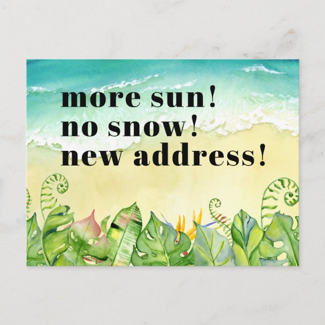 Sandy Beach Tropical Leaves New Address Announcement Postcard (Front)