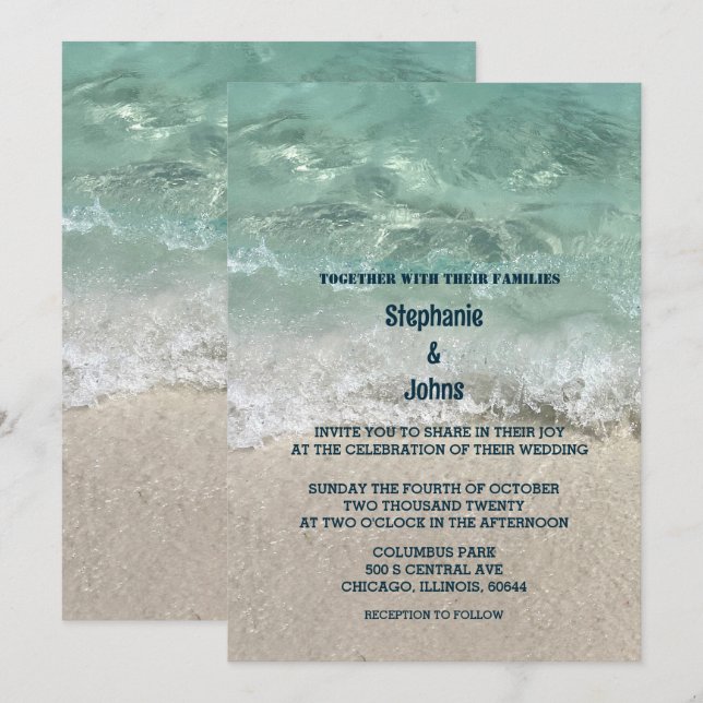 Sandy Beach Turquoise Teal Water Classy Wedding Invitation (Front/Back)