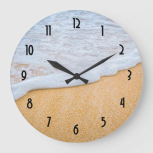 Sandy Beach with Foamy Surf Large Clock
