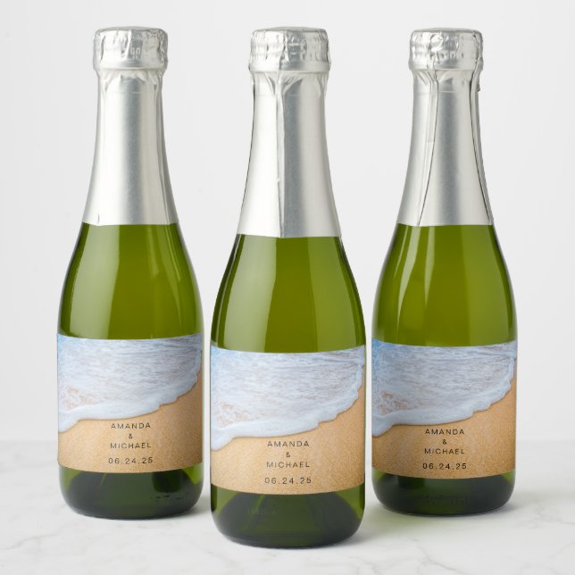 Sandy Beach with Foamy Surf Photo Wedding Sparkling Wine Label (Bottles)