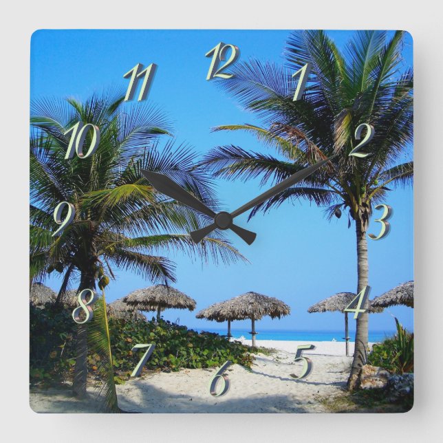 Sandy Beach With Palm Trees and An Ocean View Squa Square Wall Clock (Front)