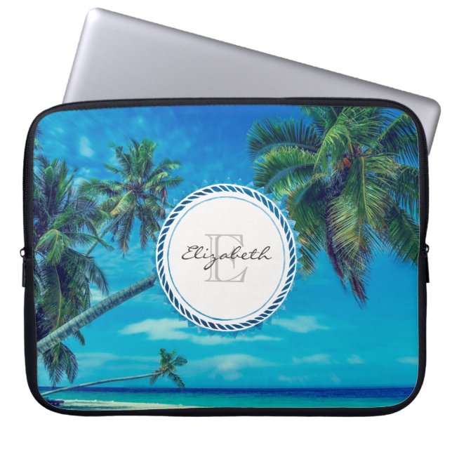 Sandy Beach with Tropical Palm Trees Monogram Laptop Sleeve (Front)