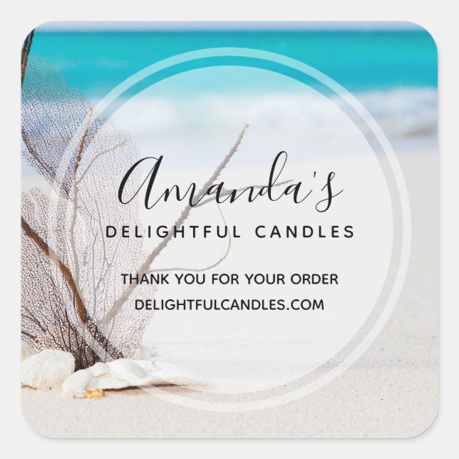 Sandy Beach with White Seashells Business Square Sticker (Front)