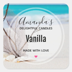 Sandy Beach with White Seashells Candle Business Square Sticker