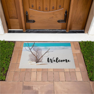 Sandy Beach with White Seashells Welcome Doormat