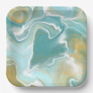 Sandy Brown Ocean Blue Marble Fluid Art  Paper Plate