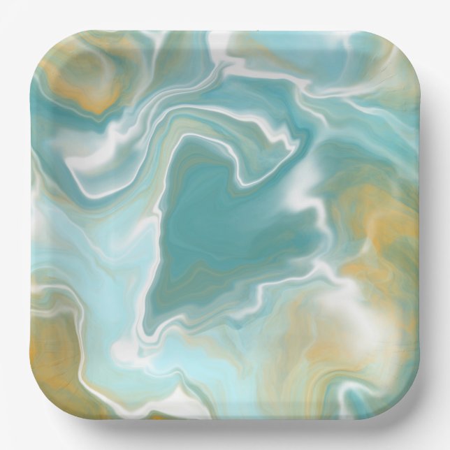 Sandy Brown Ocean Blue Marble Fluid Art  Paper Plate (Front)