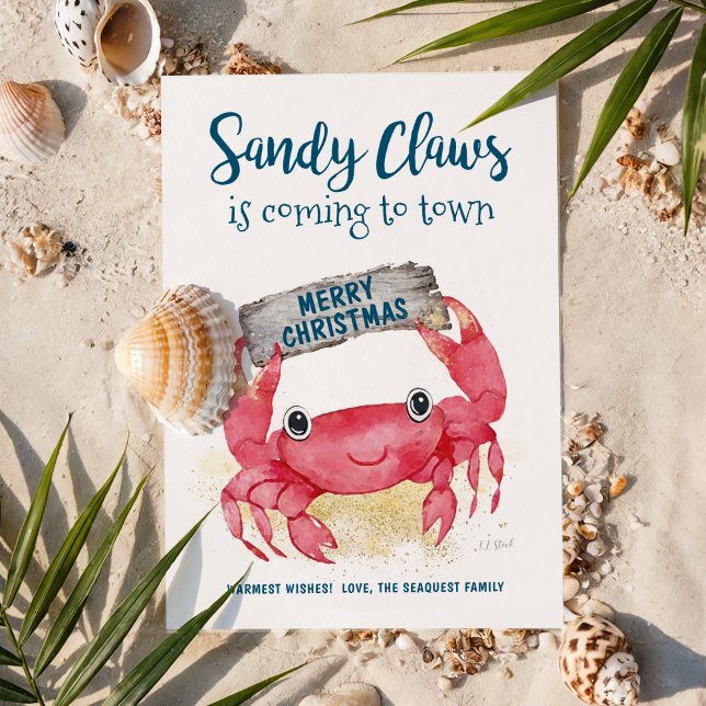 Sandy Claws Crab Warm Wishes Beach Christmas Holiday Card (Creator Uploaded)