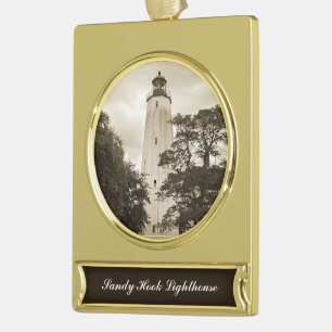 Sandy Hook Lighthouse Gold Plated Banner Ornament