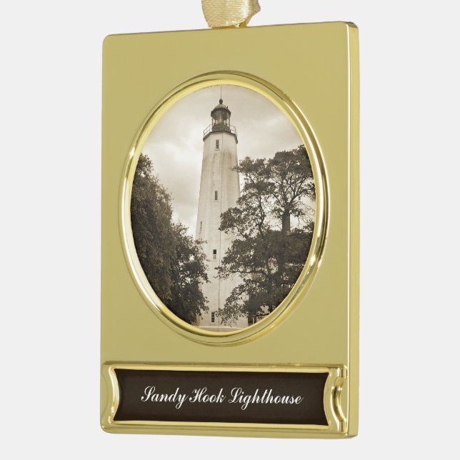 Sandy Hook Lighthouse Gold Plated Banner Ornament (Left)