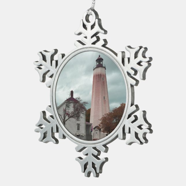 Sandy Hook Lighthouse Snowflake Pewter Christmas Ornament (Right)