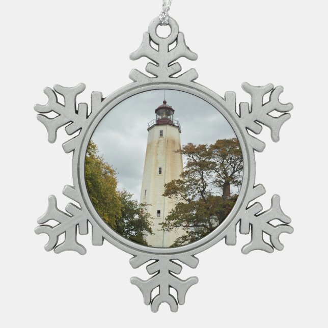 Sandy Hook Lighthouse Snowflake Pewter Christmas Ornament (Front)
