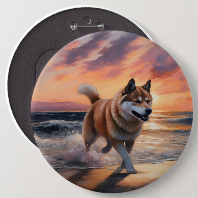 Sandy Paws Akita Dog on Beach Sunset 6 Cm Round Badge (Front & Back)