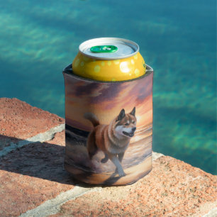 Sandy Paws Akita Dog on Beach Sunset Can Cooler
