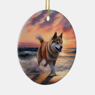 Sandy Paws Akita Dog on Beach Sunset Ceramic Ornament