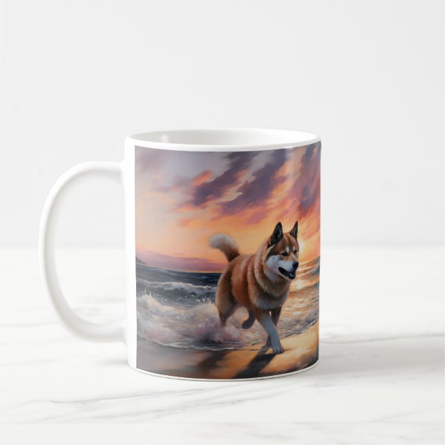Sandy Paws Akita Dog on Beach Sunset Coffee Mug (Left)