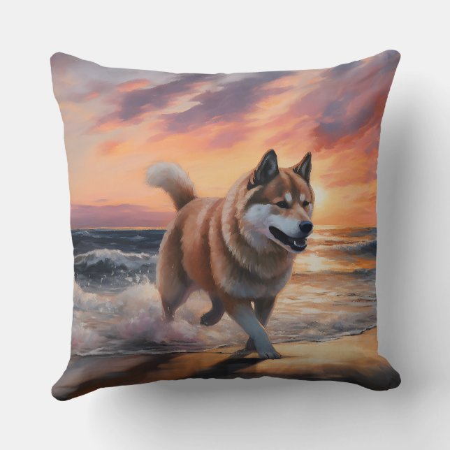 Sandy Paws Akita Dog on Beach Sunset Cushion (Back)