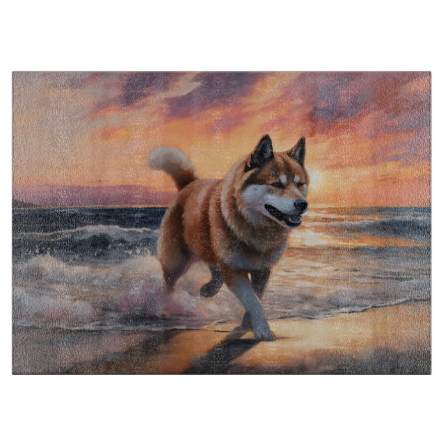 Sandy Paws Akita Dog on Beach Sunset Cutting Board (Front)