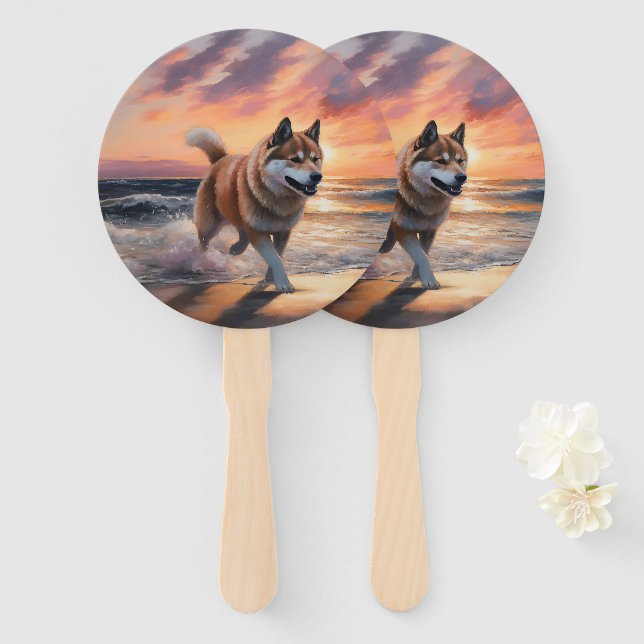 Sandy Paws Akita Dog on Beach Sunset Hand Fan (Front and Back)