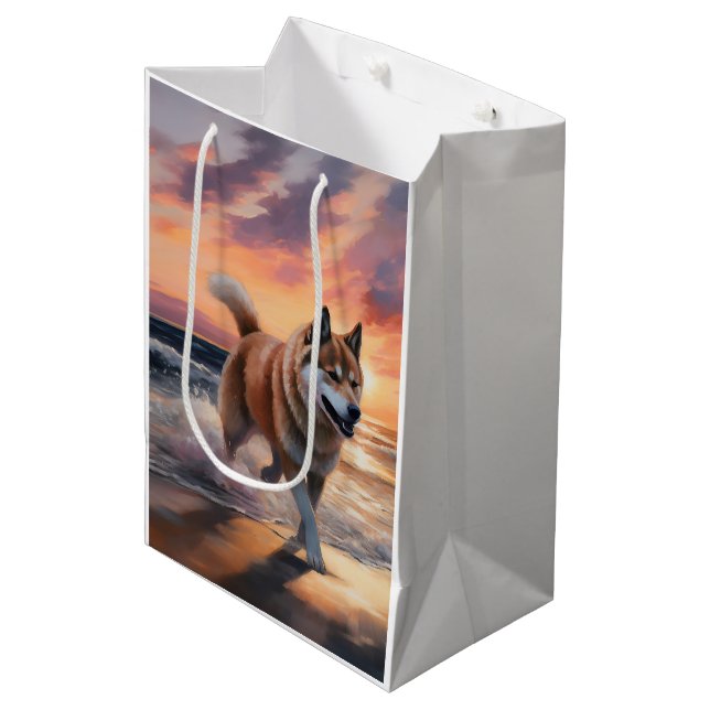 Sandy Paws Akita Dog on Beach Sunset Medium Gift Bag (Front Angled)