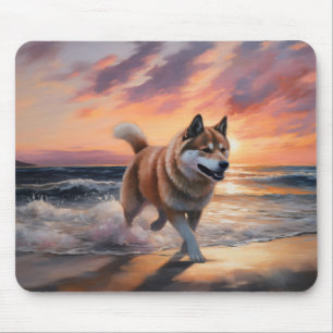 Sandy Paws Akita Dog on Beach Sunset Mouse Pad