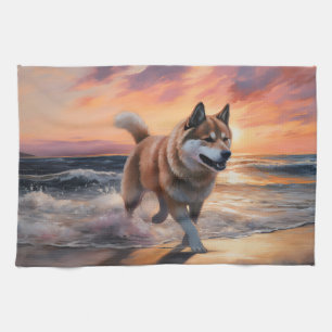 Sandy Paws Akita Dog on Beach Sunset Tea Towel