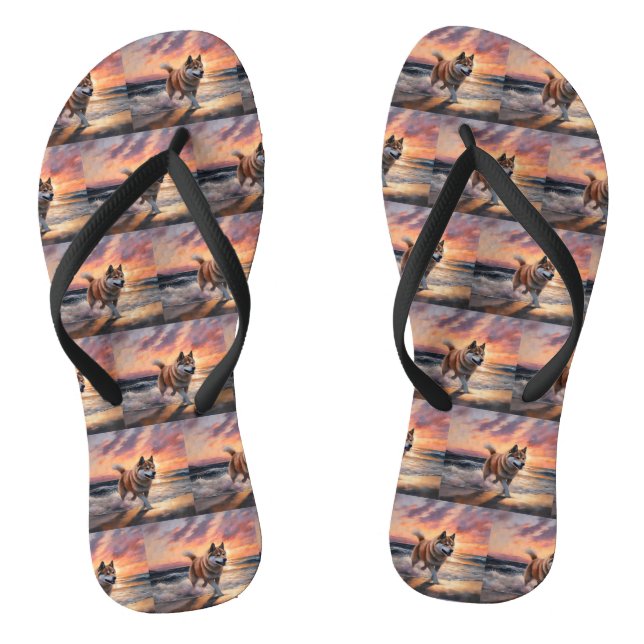 Sandy Paws Akita Dog on Beach Sunset Thongs (Footbed)
