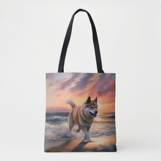 Sandy Paws Akita Dog on Beach Sunset Tote Bag (Front)