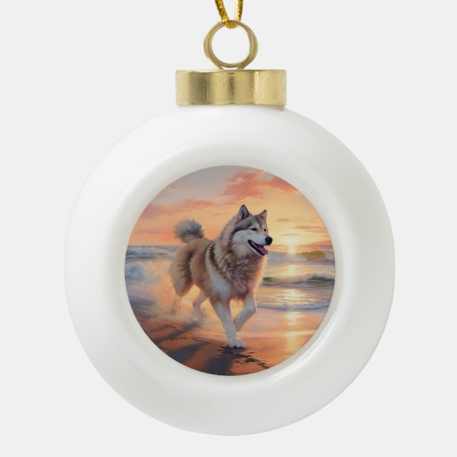 Sandy Paws Alaskan Malamute Dog on Beach Sunset Ceramic Ball Christmas Ornament (Front)