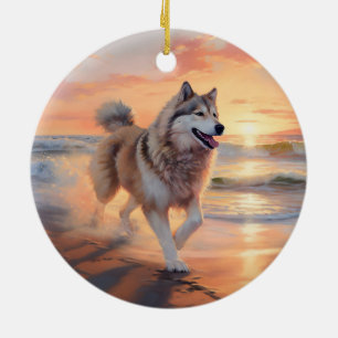 Sandy Paws Alaskan Malamute Dog on Beach Sunset Ceramic Ornament