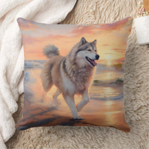 Sandy Paws Alaskan Malamute Dog on Beach Sunset Cushion