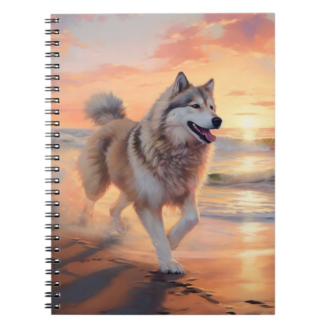 Sandy Paws Alaskan Malamute Dog on Beach Sunset Notebook (Front)