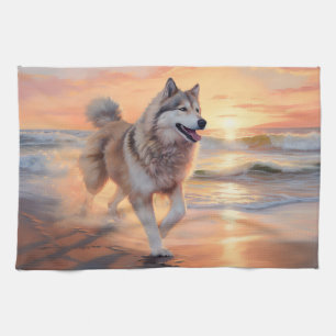 Sandy Paws Alaskan Malamute Dog on Beach Sunset Tea Towel