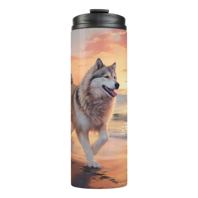 Sandy Paws Alaskan Malamute Dog on Beach Sunset Thermal Tumbler (Front)