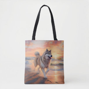 Sandy Paws Alaskan Malamute Dog on Beach Sunset Tote Bag