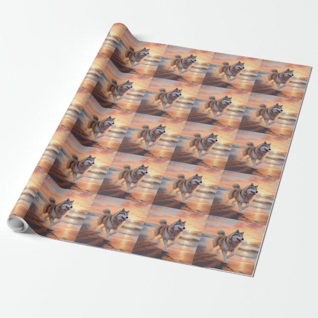 Sandy Paws Alaskan Malamute Dog on Beach Sunset Wrapping Paper (Unrolled)