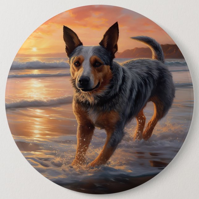 Sandy Paws Australian Cattle Dog on Beach Sunset 6 Cm Round Badge (Front)