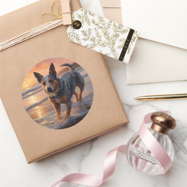 Sandy Paws Australian Cattle Dog on Beach Sunset Classic Round Sticker (Gifting)