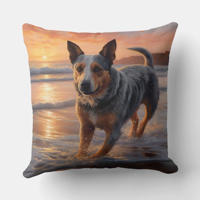 Sandy Paws Australian Cattle Dog on Beach Sunset Cushion (Back)