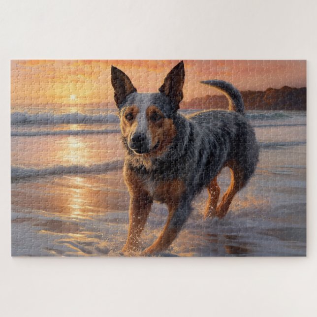 Sandy Paws Australian Cattle Dog on Beach Sunset Jigsaw Puzzle (Horizontal)