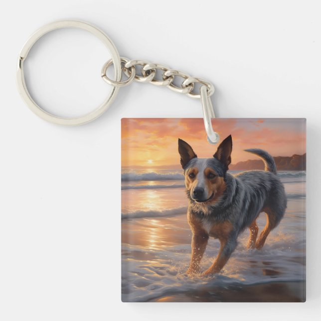 Sandy Paws Australian Cattle Dog on Beach Sunset Key Ring (Front)