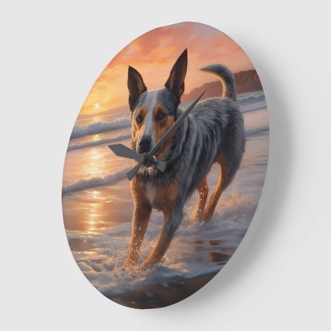 Sandy Paws Australian Cattle Dog on Beach Sunset Large Clock (Angle)