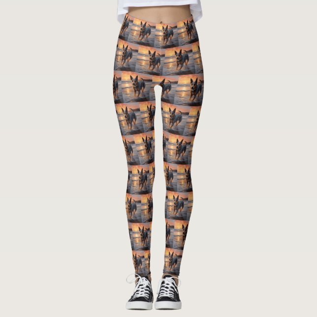 Sandy Paws Australian Cattle Dog on Beach Sunset Leggings (Front)